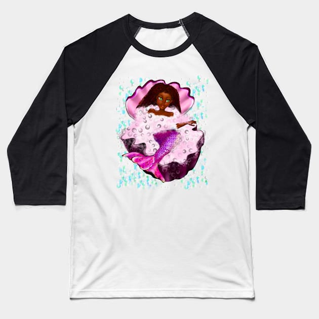 Mermaid spa day in Oyster clam shell 2 - Black anime mermaid in bubble bath. Pretty black girl with Afro hair, green eyes, Cherry pink lips and dark brown skin. Hair love ! Baseball T-Shirt by Artonmytee